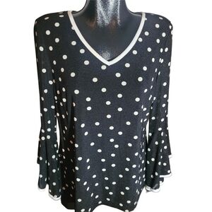 Amanda Collection Black and White Polka Dot V Neck Top L